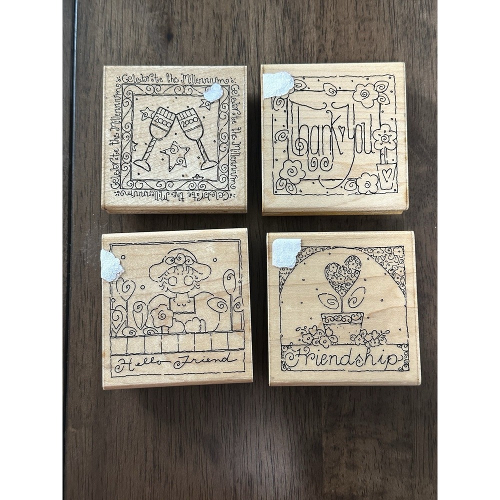 (4) JRL Design Hello Friend, 2020 Folk Country Stitch Flowers Rubber Stamp Wood